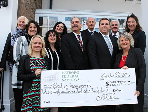 From Left to Right are representatives of eight organizations that received a donation from Hatboro Federal Savings in November.  All of the recipient organizations meet the criteria for Pennsylvania’s Educational Improvement Tax Credit Program (EITC).  The EITC allows tax credits for eligible businesses contributing to a scholarship, educational improvement or pre-kindergarten scholarship organization. Kimberly Cambra, Director, CB Cares Carin Kajari, Board Member, Hatboro-Horsham Education Foundation Carey Rhodes, President, Hatboro – Horsham Education Foundation  Leigh-Anne Yacovelli, Director, Hatboro Library Dr. MaryKay Feeley, Superintendent, Lower Moreland School District Robert Kutzik, Executive Director, College Settlement Robert Schrader, Executive Director, Centennial Education Foundation Daniel Noble, President, Upper Moreland Education Foundation Robert Phillips, Board Member, Centennial Education Foundation Linda Roehner, President/CEO, Hatboro Federal Savings 